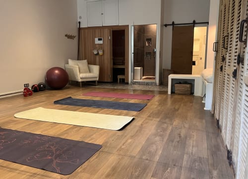Studio de bien-être moderne aux anciennes écuries du Château avec tapis de yoga, ballon de fitness et sauna