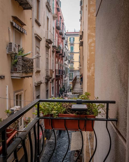 Narrow Naples alleyway view from Museo19 balcony with potted plants and historic pastel buildings
