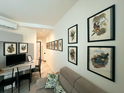 Appartamento moderno a Milano presso Nestco con artwork vintage di uccelli, scrivania, TV e divano beige