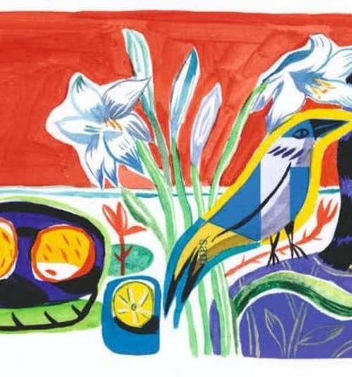 Illustration colorée et fantaisiste avec oiseaux, fleurs et motifs vibrants à la Villa Eliane à Étretat