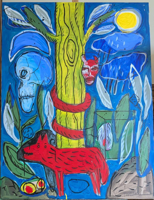 Œuvre surréaliste colorée avec créature rouge, arbre jaune, crâne bleu et éléments volants dans un style artistique vibrant