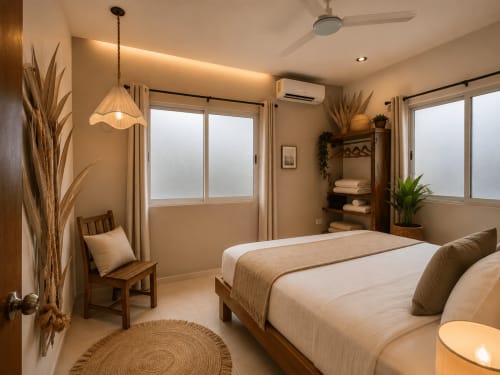 Serene beige bedroom at Hotel Holbox Centro with twin beds, natural wood furnishings, woven accents, and large windows
