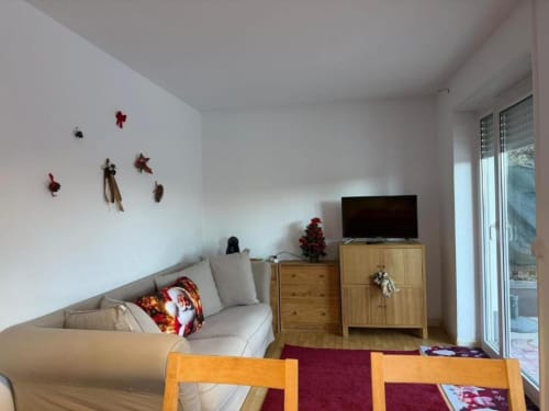 Accogliente soggiorno moderno con divano beige, arredamento in legno, TV e decorazioni natalizie a casa di Debby Siusi a Siusi