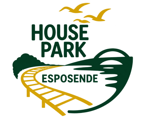 Logo da House Park Esposende com pássaros dourados, passadiço e silhueta de paisagem verde