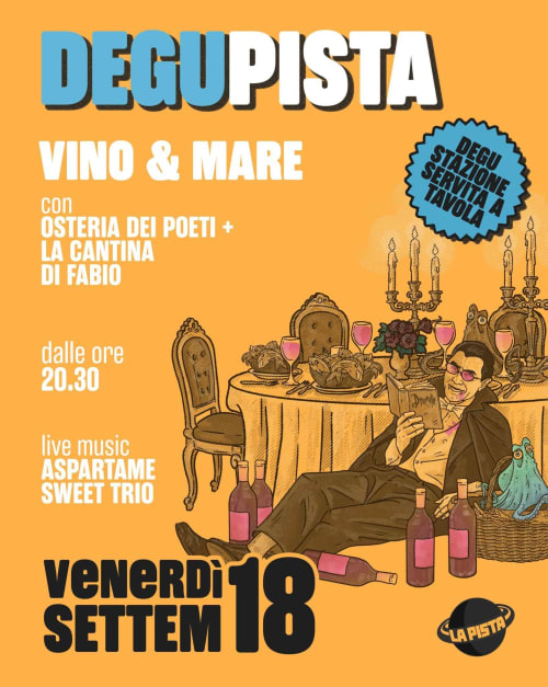 Degupista wine and sea event poster featuring Osteria dei Poeti and Fabio's cantina near Montecatini Val di Cecina