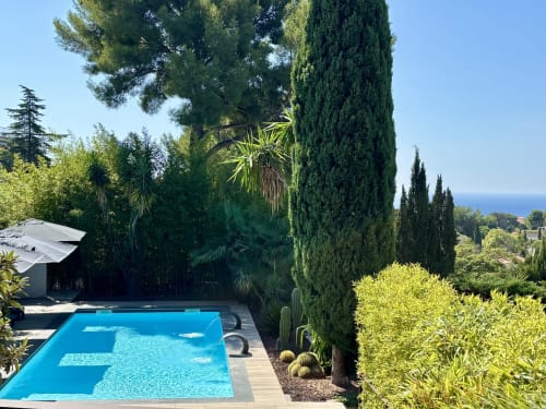 Villa Annette's Mediterranean pool in Cassis with cypress trees, palm garden and sea views