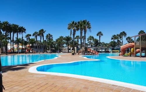 Bright blue swimming pool with white loungers, palm trees, water slides, and playground at Sara & Gino Fuerteventura resort
