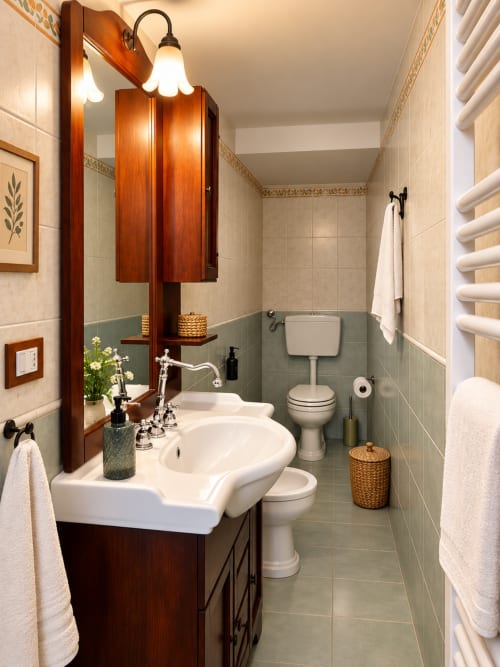 Elegant bathroom in HABITARE Lecce apartment with wooden vanity, white pedestal sink, and tiled walls