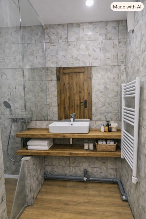Salle de bain moderne aux carreaux de marbre, meuble-lavabo en bois et vasque blanche aux Étoiles de la Plagne, La Plagne Tarentaise