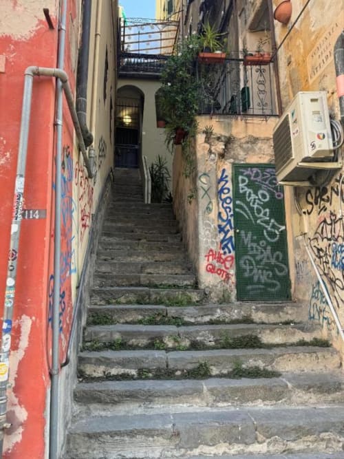 Stretto vicolo lastricato con scale che salgono tra edifici colorati a Genova, Italia, con graffiti e