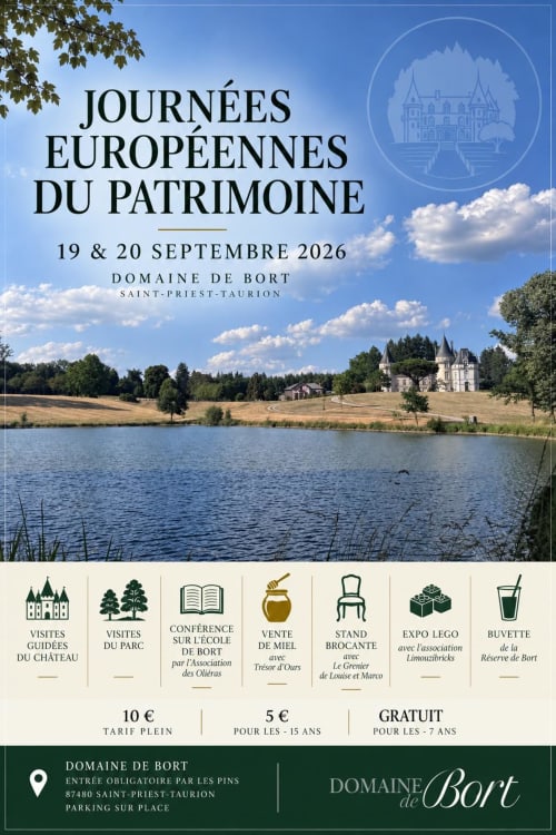 Affiche de l'événement Journées Européennes du Patrimoine pour le château du Domaine de Bort à Saint-Priest-Taurion, 19-20 septembre 2026