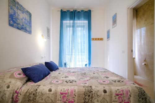 Camera luminosa presso Affittacamere Rozzano con letto, cuscini blu, trapunta decorata e tende blu con vista finestra