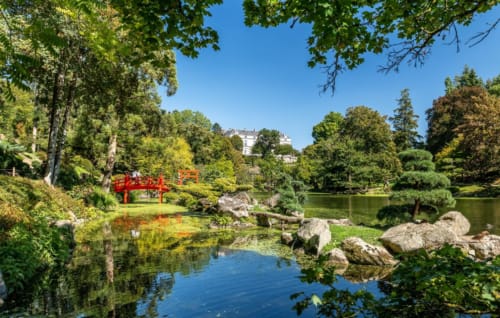 Pont rouge dans un étang du jardin serein du Petit Moulin, Pouzauges, avec arbres luxuriants et maison historique