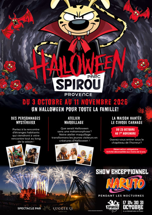 Affiche Halloween Parc Spirou Provence avec personnage de lapin vampire, du 3 octobre au 11 novembre 2026