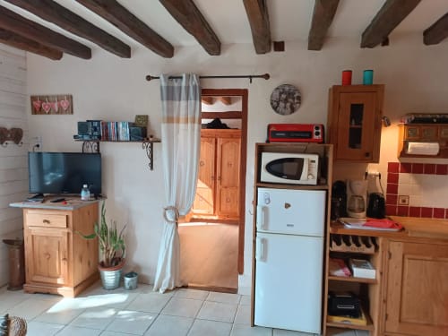 La chambre La Forge à La Maréchalerie et le Nichoir : séjour avec TV, kitchenette, réfrigérateur bleu clair et mobilier en bois