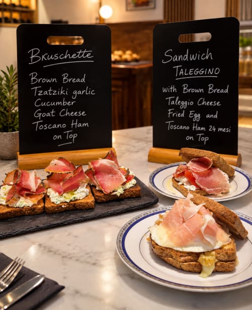 Esposizione di bruschetta e panino al Taleggino presso Porta Tosa B&B Milano con speck Toscano e ingredienti freschi