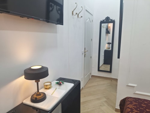 Modern double room at Salamanca Luxury Rooms Madrid with desk lamp, flat-screen TV, mirror, and herringbone flooring