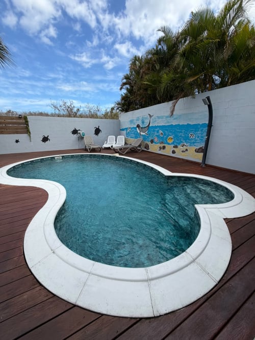 Piscine en forme de rein aux eaux turquoise de la villa Le Domaine Des Doudous à Saint-Pierre, La Réunion, entourée de bois