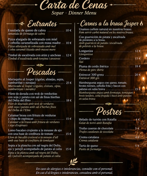 Menú de cena de la Carta del Restaurant Hostal Boutique L'Algars a Cáceres, Tarragona, amb cuina espanyola