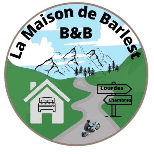 Logo de la Maison de Barlest B&B avec paysage montagneux, maison et motocyclette près de Lourdes