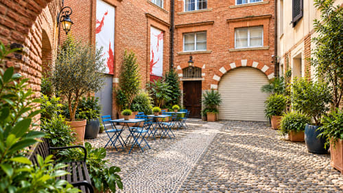 Charmanter Innenhof des Les Relais Du Capitole in Toulouse mit Ziegelbäuden, blauen Sitzplätzen, Topfpflanzen und Kopfsteinpflaster