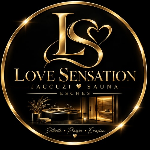 Logo de spa bien-être luxe Love Sensation Jacuzzi & Sauna au design doré, Esches France