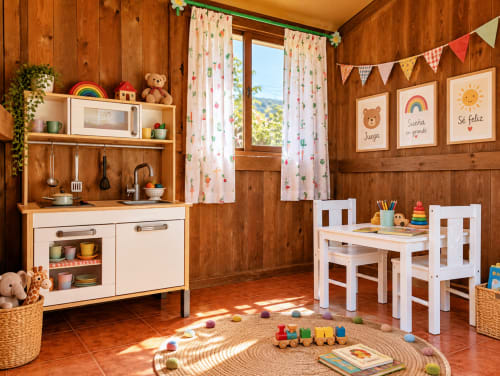 Encantadora sala de juegos en El descanso del peregrino B&B en Guadalupe, Cáceres con cocina de juguete, decoración colorida y muebles infantiles