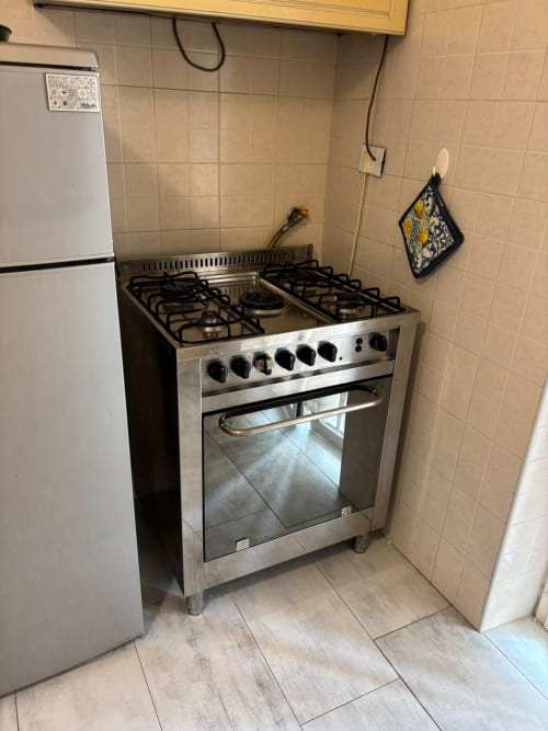 Cucina moderna con fornello a gas in acciaio inox a sei fuochi presso ViOletta, Lido di Ostia