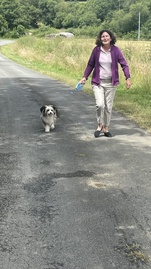 Femme promenant son chien sur une route rurale près des Chambres d'hôtes Le Petit Moulin à Pouzauges, France
