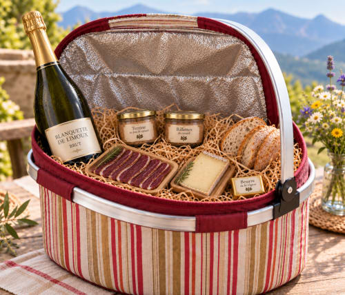 Panier pique-nique haut de gamme avec champagne et délices français à Belloréade B&B à Belloc, vue sur les montagnes