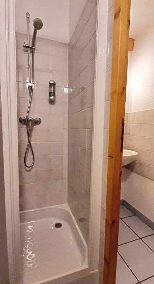 Salle de bain moderne avec douche à effet pluie et douchette manuelle au Chalet De La Yodine, Feissons sur