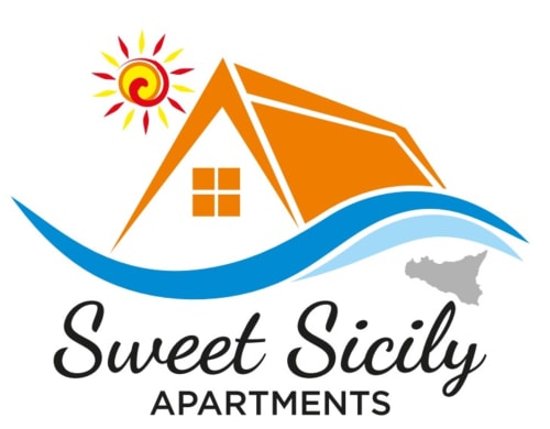 Logo Sweet Sicily Apartments con casa arancione, sole e onde blu che rappresentano l'alloggio fronte mare a Carini, Italia