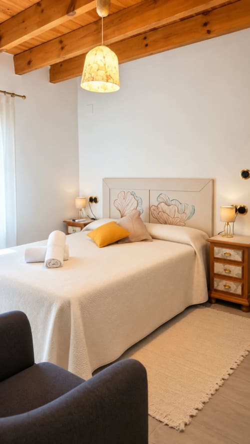 Bright bedroom at Refugio la Presa with cream bedding, yellow pendant lamp, exposed wooden beams, and wooden nightstands in