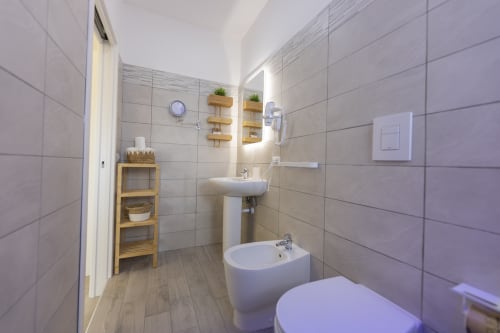 Bagno moderno nelle Aurum Nolana Suites di Pompei con piastrelle grigie, lavabo a colonna, bidet, mensole in legno e piante in vaso