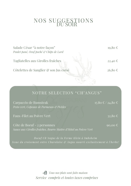Menu du soir à l'Hôtel Des Vosges : salade César, pâtes et sélection de bœuf Charolais avec tarifs
