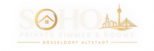 Soho Hotel Düsseldorf Altstadt Logo mit Hausdach-Icon und Stadtsilhouette