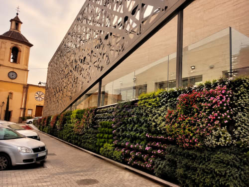 Modern hotel entrance in Yecla with flowering hedge garden, glass facade, and historic church tower in background