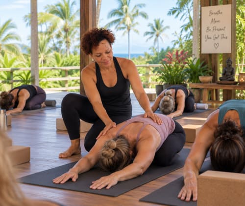 Yoga instructor guiding students in child's pose at El Litoral Panama beachfront wellness class