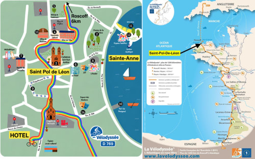 Carte des pistes cyclables de Saint-Pol-de-Léon et localisation de l'Hôtel De La Mairie en Bretagne, France