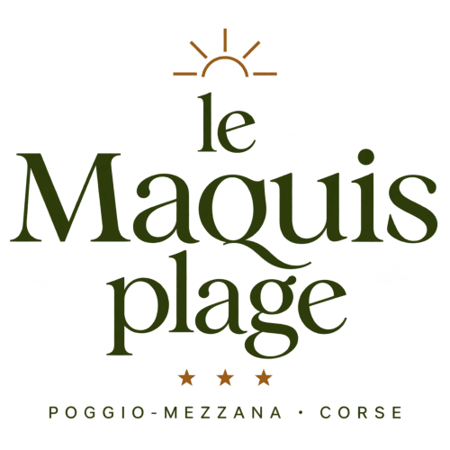 Logo de l'hôtel Le Maquis Plage avec icône soleil, Poggio-Mezzana, Corse