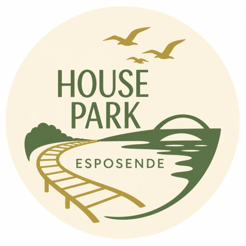 Logotipo House Park Esposende com pássaros, passadiço, ponte e design de paisagem