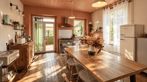 Cuisine chaleureuse en terre cuite à La Maison 1903 B&B à Trévou-Tréguignec avec table en bois, réfrigérateur vintage et lumière naturelle