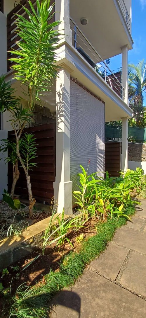 Modern studio apartment entrance at Joubarbe Résidence, Moka with lush tropical plants and wooden doors
