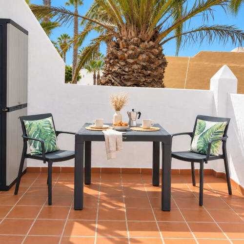 Außenterrasse des Sara & Gino Fuerteventura mit schwarzem Esstisch, Palme und weißen Wänden in Corralejo