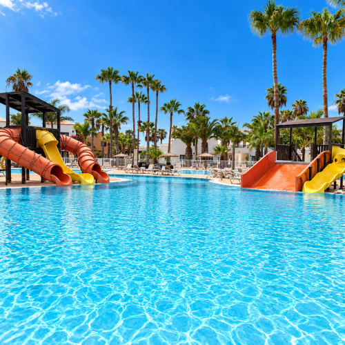 Farbenfrohe Wasserrutschen und Palmen im Poolbereich des Sara & Gino Fuerteventura Resort in Corralejo, Spanien