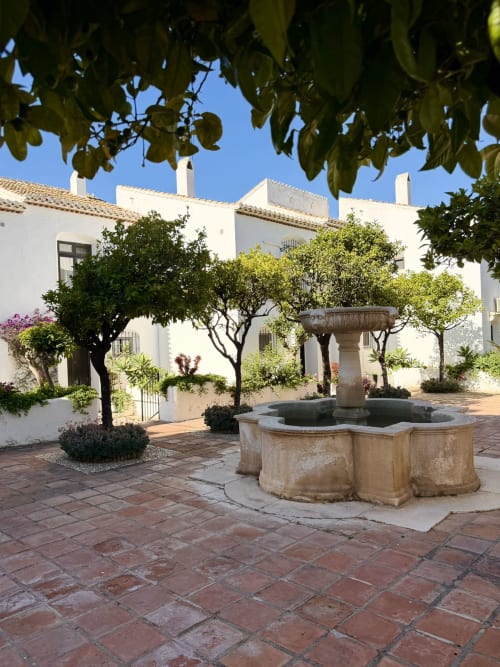 Courtyard with stone fountain, mature trees, and white Mediterranean-style buildings at HomyMarbella in Calahonda