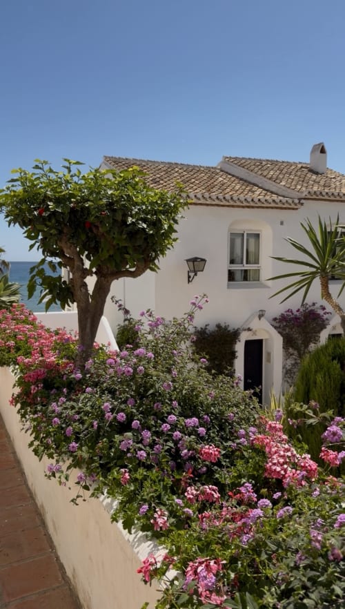 Beachfront cottage in Calahonda with white walls, terracotta roof, pink bougainvillea garden, and sea view