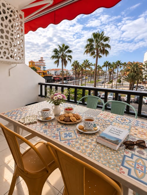 Balcony breakfast with pastries and coffee overlooking palm-lined promenade in Tenerife