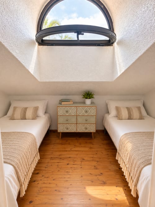 Bright duplex bedroom with twin beds, natural light from oval window, wooden floor, mid-century furniture at Manage Home