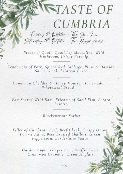 Taste of Cumbria tasting menu at The Kings Arms, Penrith featuring quail, pork, cheddar and wild bass courses.